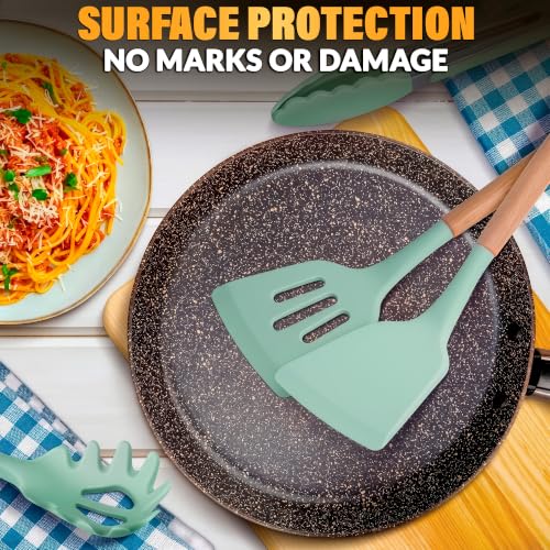12 Pcs Kitchen Accessories Set with Holder, Silicone Heads (Light Green) | Kitchen Utensils Set for Cooking and Baking; Wooden Handles; Heat-Resistant up to 446°F; Non-Scratch for Nonstick Pans - color: Light Green