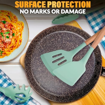 12 Pcs Kitchen Accessories Set with Holder, Silicone Heads (Light Green) | Kitchen Utensils Set for Cooking and Baking; Wooden Handles; Heat-Resistant up to 446°F; Non-Scratch for Nonstick Pans - color: Light Green