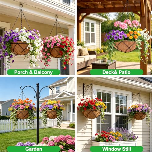 Hanging Baskets for Plants Outdoor, 4 Packs 12 Inch Metal Wire Hanging Planter with Coconut Liners, Flower Basket Pot for Outside Garden Patio Porch Balcony Fence