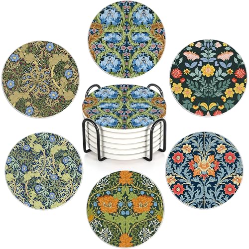 Coaster for Drinks Set of 6, Vintage Flower Absorbing Round Ceramic Stone Coaster with Cork Base,Tabletop Protection Mat for Mugs and Cups,Coffee Table Wine Glass Home Bar 4 Inch - color: Vintage Flower
