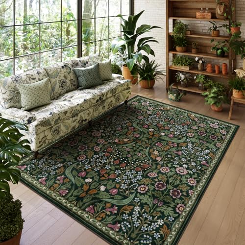 Lahome Green Floral 5x7 Rug, Washable Botanical Area Rug for Living Room, Soft Low Pile Vintage Cottagecore Flower Carpet for Nursery, Bedroom, Dining Room, Reading Room - color: Green, size: 5' x 7'