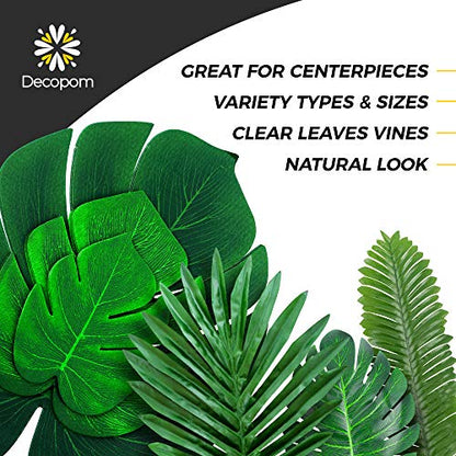 Palm Leaves Artificial Tropical Monstera-84Pcs 6 Kinds Large Small Green Fake Palm Leaf with Stems for Safari Jungle Hawaiian Luau Party Table Decoration Wedding Birthday Theme Party - style: 84 Pack