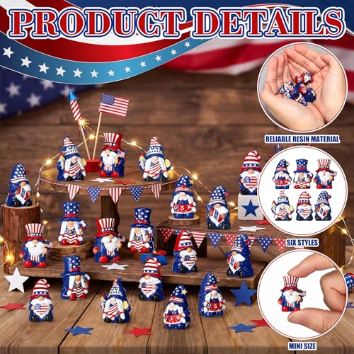 Yaomiao 60 Pcs Mini Resin 4th of July Gnomes Figurines Bulk Small Resin Patriotic Gnome Miniature Gnomes USA America Independence Day Decoration for Table Landscape Tiered Tray Decor - style: Independence Day