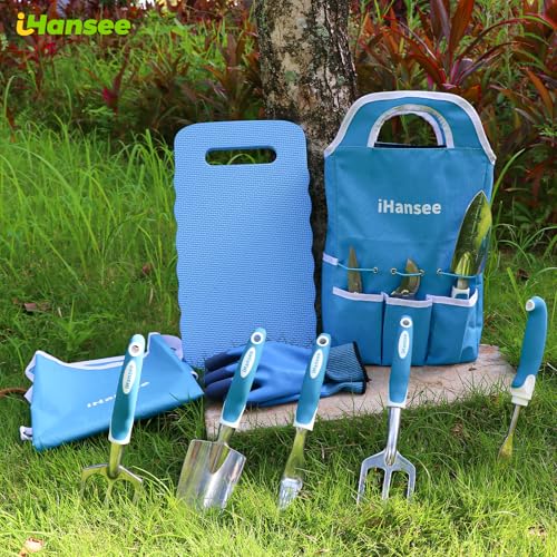Blue Garden Tools Set 12-Piece, Gardening Gifts for Women Men | Aluminum Gardening Hand Tool with Non-Slip Handle, Kneeling Pad, Apron, Gloves and Organizer Handbag, Landscaping Tools - color: blue