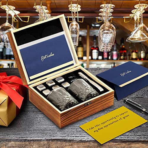 Whiskey Set Gifts for Men, DIOXADOP 6 Stainless Steel Whisky Stones 2 Crystal Whisky Glasses 1 Blessing Card in a Exquisite Wooden Box, Prepare a Gift for Whiskey Scotch Bourbon Lover - color: Stainless Steel Whisky Set