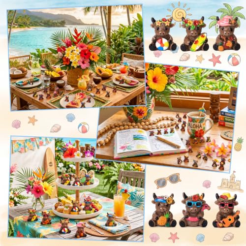 Yaomiao 60 Pcs Mini Highland Cow Figurines Resin Hawaii Highland Cow Figurines Summer Miniature Resin Gift Hawaii Decorations for Beach Hawaiian Party Favor Gift Tiered Tray Decor - style: Hawaii Highland Cow