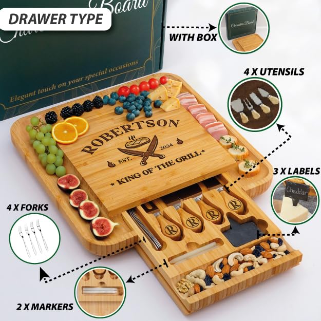 Personalized Charcuterie Board Gifts for Men – Custom Large Cheese Board with Knife & Utensil Set for Fathers Day, Anniversary, Birthday, Christmas Gift Idea for Dad, Papa, Grandpa, Parent