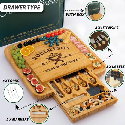 Personalized Charcuterie Board Gifts for Men – Custom Large Cheese Board with Knife & Utensil Set for Fathers Day, Anniversary, Birthday, Christmas Gift Idea for Dad, Papa, Grandpa, Parent