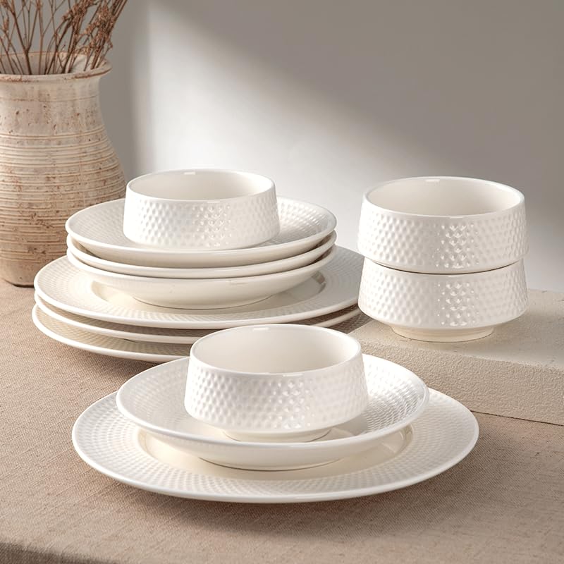 4-piece set, ceramic, embossed B design plate and bowl set, microwave and dishwasher tableware set, shatterproof and scratch resistant dinner set, irregular edge design, white - color: style - 11