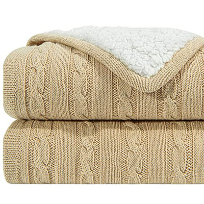 NTBAY Twin Cotton Cable Knit Sherpa Blanket, 60 x 80, Khaki | Cotton Cable Knit Front with Warm Sherpa Reverse, 60 x 80 Inch Twin Blanket for Bed, Sofa, and Cold-Weather Layering - color: Khaki