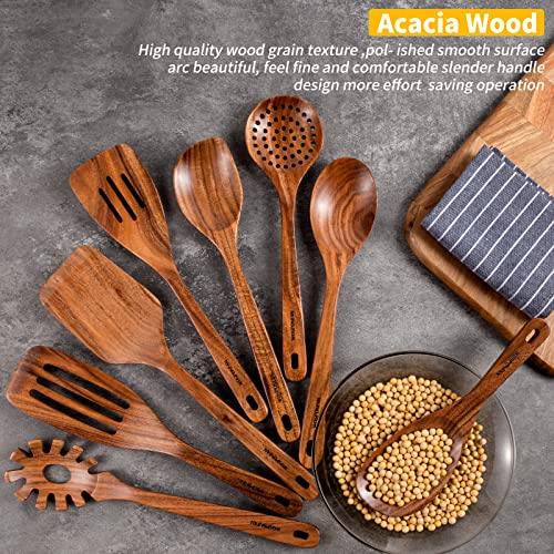 Wooden Spoons for Cooking,8PCS Natural Acacia Wood Utensil Set | Easy to Clean, Durable, Smooth with Comfort Grip,Nonstick Safe & Heat Resistant with Ergonomic Handles,For gift - size: 8 pieces (Acacia)