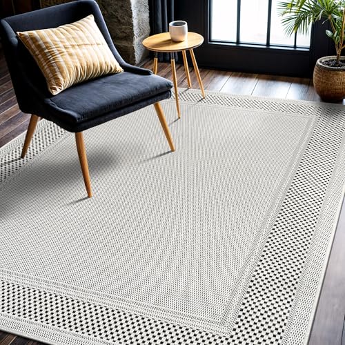 Easy Jute Rug 4x6, Indoor Outdoor Off-White Color Fiber Area Rugs for Living Room Patio and Dining Room Rug, Bordered Boho Woven Design, Easy-Cleaning, Washable Outside Carpet (4 x 6) - color: Bordered/Bone-black, size: 4' x 6' (Rectangular)