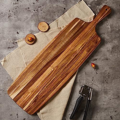 Acacia Wood Cutting Board and Large Charcuterie Board with Handle - Long Serving Board for Veggies, Bread, Cheese Board, Appetizers, and Picnic Celebrations, 24x7 Inch - size: 24"L x 7"W