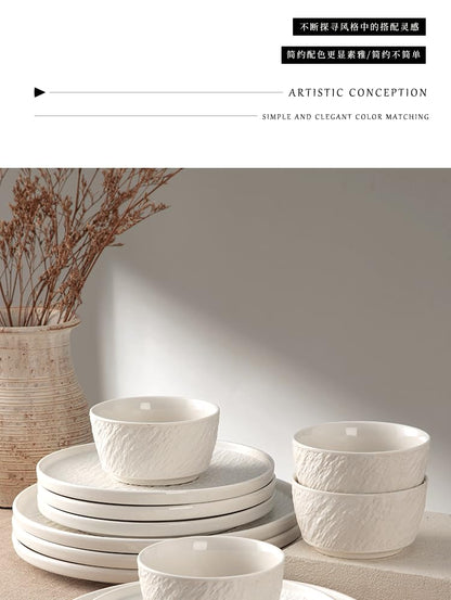 4-piece set, ceramic, embossed stone design plate and bowl set, microwave and dishwasher compatible tableware set, shatterproof and scratch resistant dinner set, irregular edge design, white - color: style - 9