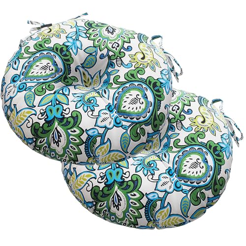 Magpie Fabrics Outdoor Round Bistro Seat Cushions with Ties, 15"x15"x4" Set of 2, Tufted Waterproof Barstool Chair Pads for Patio Home Garden Office, Floral Blue Green - color: Floral Blue Green