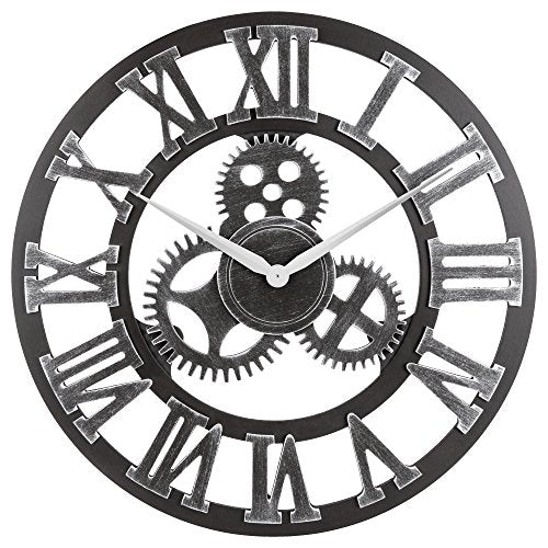 28" Whisper Ticking Silent Wall Clock - Large 3D Retro Rustic Country Decorative Luxury Art Big Wooden Vintage for House Warming Gift (28 inches, Roman-Silver) - color: Roman-silver, size: 28 inches