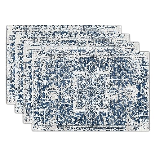 Navy Blue Gray Boho Placemats Set of 4 Ethnic Bohemian Carpet Place Mats Washable Kitchen Dining Vintage Grey Geography Floral Linen Table Mats Stain Heat-Resistant for Home Party Indoor 12x18 in - color: Navy Blue, size: 18x12 Inches