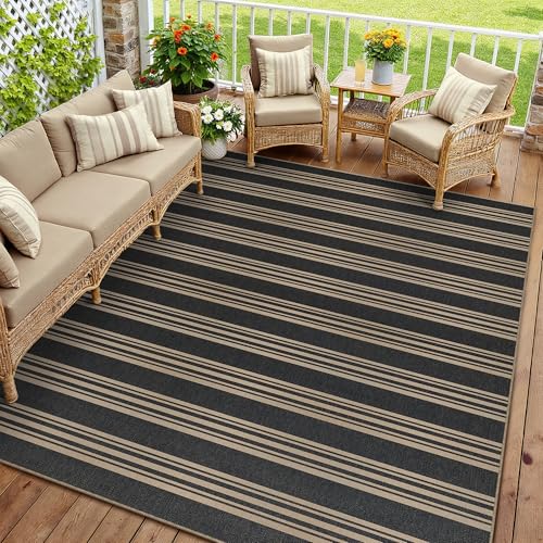 Outdoor Rug 6x9 Washable Striped Jute Look Non Slip Carpet | Black and Tan Stripe Farmhouse Style, Indoor Outdoor Area Rug for Patio, Living Room, Dining Room, Non Shedding, Neutral Rugs - color: Black/Striped, size: 6' x 9' (Rectangular)