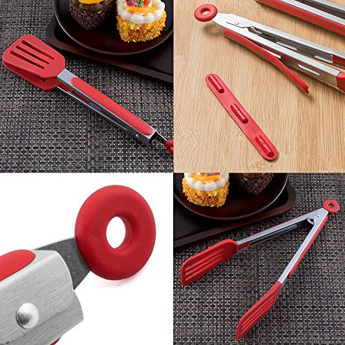 Cooking Tongs 9" and 12" Stainless Steel Kitchen Silicone Serving Tongs | Heat Resistant Meat Turner Spatula Tong Fish Tongs for Grilling Steak Salad Pasta Buffet Serving (Red) - color: Red, size: 9 & 12 inch