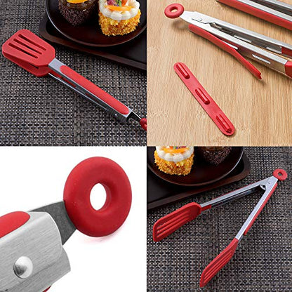 Cooking Tongs 9" and 12" Stainless Steel Kitchen Silicone Serving Tongs | Heat Resistant Meat Turner Spatula Tong Fish Tongs for Grilling Steak Salad Pasta Buffet Serving (Red) - color: Red, size: 9 & 12 inch