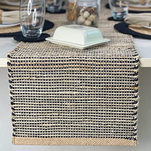 Natural Jute Table Runner 13x72 Inch – Vintage Boho Rustic Table Decor – Handwoven Table Runner in Natural Jute and Black – Farmhouse Dining or Console Table Accent - color: Natural Jute-black, size: 13x72 Inch.