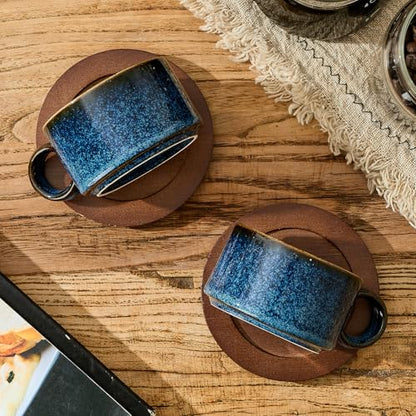 LUKA 6 Ounce Porcelain Stackable Espresso Cups with Saucers and Metal Stand Set of 4, Ceramic Cappuccino Cups Set for Specialty Coffee Drinks, Latte, Cafe Mocha and Tea, Reactive Blue - color: Reactive Blue