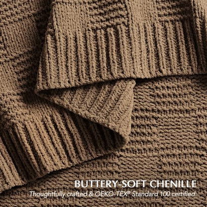 EVERGRACEHOME Modern Checkered Chenille Throw Blanket, 50x60, Camel Brown | Lightweight Warmth, All-Season Breathability, OEKO-TEX certified, Timeless Grid Pattern, Farmhouse Throw for Couch, Bed, Sofa - color: Camel Brown, size: 50" X 60"