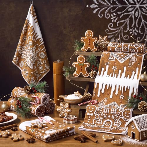 Redbaker 6 Pcs Gingerbread House Kitchen Towels Christmas Dish Towels | Absorbent Kitchen Hand Tea Dishcloth with Hanging Loop Winter Snowflakes Decorations for Xmas Bathroom Home Housewarming Gift - style: Gingerbread House