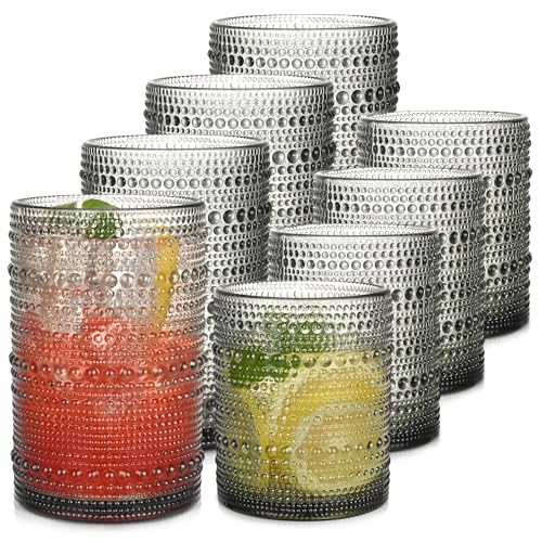 Gray Hobnail Drinking Glasses Set of 8，15 oz Vintage Highball Glassess & 12 oz Cocktail Glasses，Drinkware Kitchen Glasses for Cocktail, Iced Coffee, Beer, Ice Tea, Wine, Whiskey, Water - color: Gray