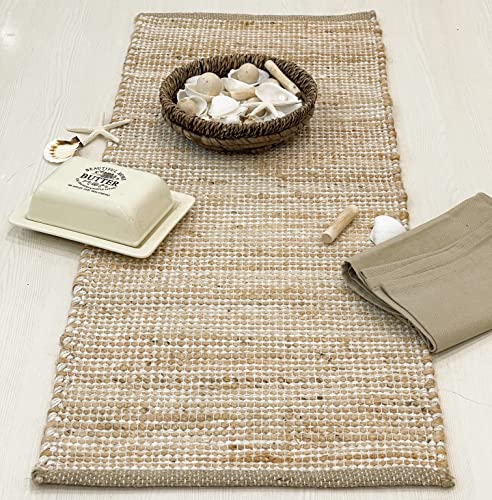 Natural Jute Table Runner 13x36 Inch – Vintage Boho Rustic Table Decor – Handwoven Table Runner in Natural Jute and Ivory – Farmhouse Dining or Console Table Accent - color: Natural Jute-ivory, size: 13x36 Inch.