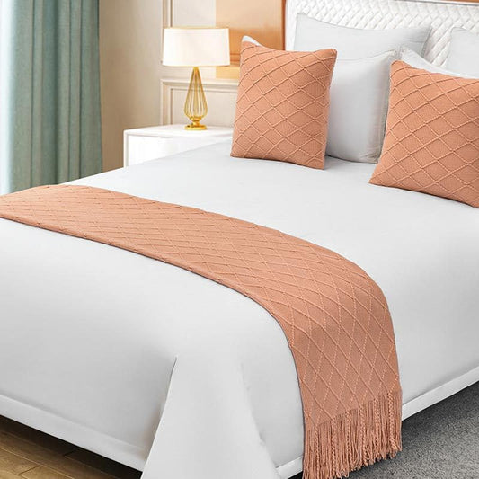 Cotton Knit Bed Runners King Size,Decorative Boho Bed Scarf with Tassel,Soft Solid Color Woven Beds Throw Blanket for Bedroom Home Hotel (Orange Pink Diamond Shape 45x45cm/only Pillowcase) - color: Orange Pink Diamond Shape, size: 45x45cm/only pillowcase