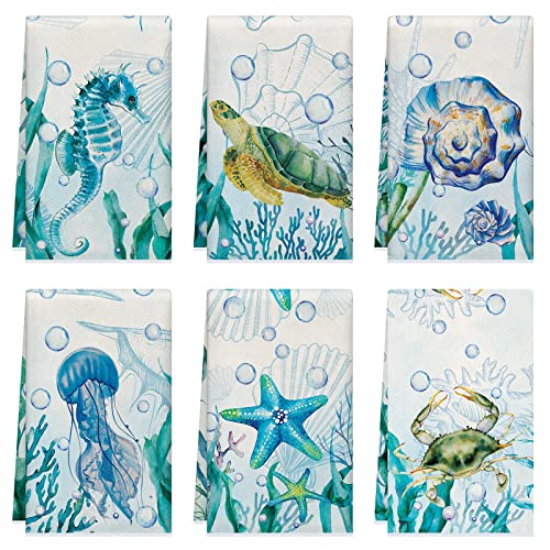 Tudomro 6 Pcs Ocean Beach Kitchen Towel Nautical Dish Beach Hand Tea Towel | Seasonal Kitchen Towels, Absorbent Fabric, Soft Kitchen Fingertip Farmhouse Bathroom Tea Towels, Housewarming Gift for Home - color: Ocean