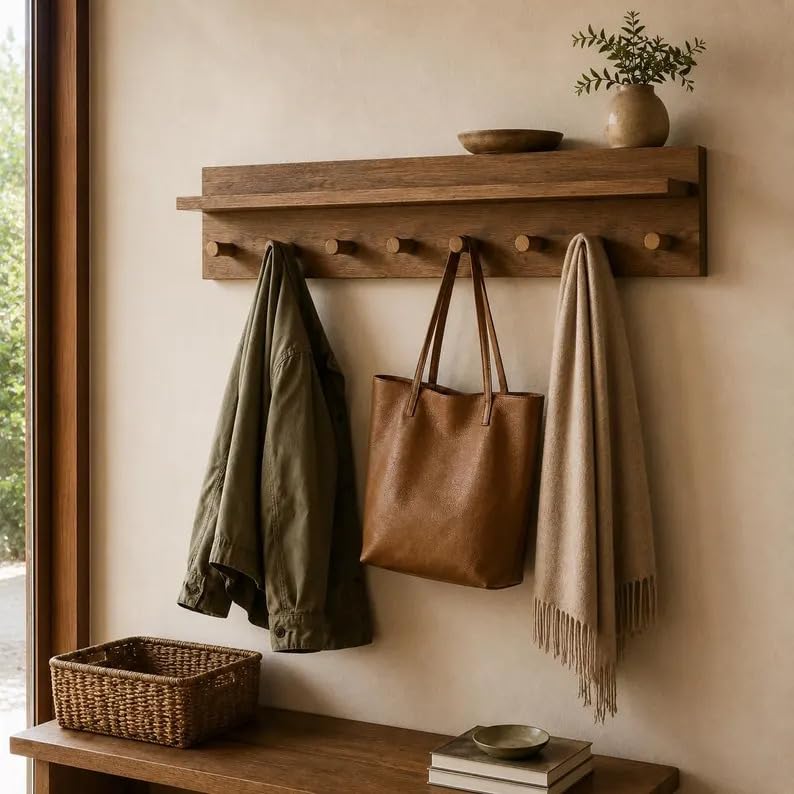 Rustic Wooden Coat Rack Wall Mount with Top Shelf, Solid Wood Peg Hook Rail Entryway Hat Jacket Purse Hanging Organizer for Mudroom Hallway Bathroom Home Decor