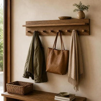 Rustic Wooden Coat Rack Wall Mount with Top Shelf, Solid Wood Peg Hook Rail Entryway Hat Jacket Purse Hanging Organizer for Mudroom Hallway Bathroom Home Decor