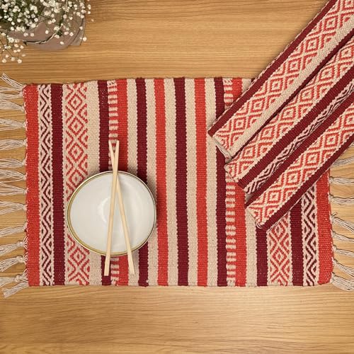 Rust Orange, Ivory Boho Placemats (Set of 4) | Cotton Farmhouse Placemats 13x19 Inches| Machine Washable, Durable and Easy to Combine - color: Rust-orange, size: 13x19 Inch.