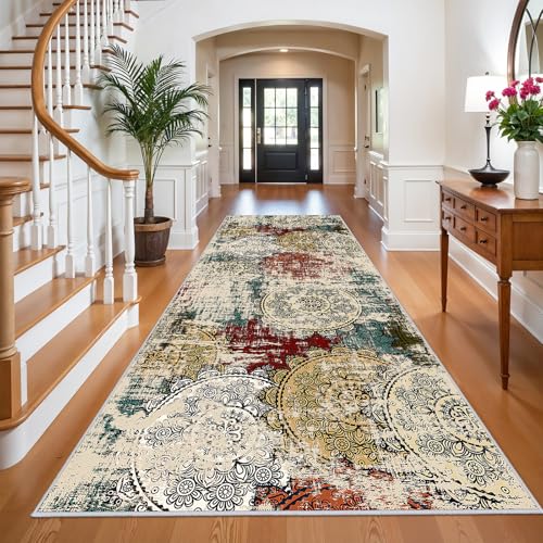 Wide Hallway 4x10 Runner Rug: Red Low Pile Soft Non-Slip Mandala Stamped | Carpet Washable Stain Resistance Easy Clean Corridors Entryways Kitchen Bedroom Behind a Sofa Homeowners Modern Home Dwellers - color: Red/Green/Multi, size: 4' x 10' (Rectangular)