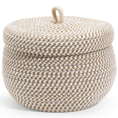 Storage Basket with Lid, 8"x6" Round Woven Blanket Storage for Living Room, Decorative Cotton Rope Hamper with Zipper Top, Wicker Basket with Lid, Floor Covered Kids Dog Toy Bin