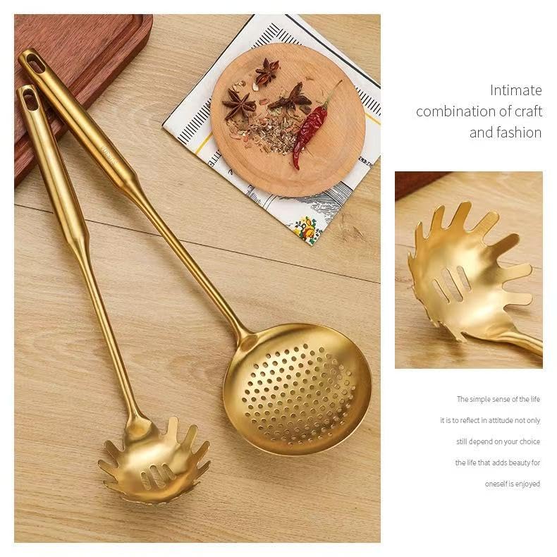 Premium 7-Piece Gold Kitchen Utensil Set with Stand, Stainless Steel Cooking Tools- Dishwasher Safe Ladle, Spoon, Spatula, Pasta Fork, Luxury Brass Kitchen Accessories for Home Chefs (Gold) - color: Gold