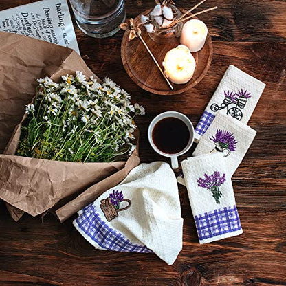 Lavien Home Cotton Kitchen Towels Set of 4 - Lavender Embroidered Tea Towels, Absorbent and Soft Waffle Weave with Plaid, 16x24 inches - color: Lavender Plaid