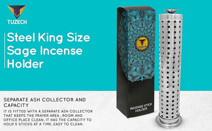 Steel King Size Sage Long Tower Soapstone Incense Holder Home Agarbatti Stand with Ash Catcher Best for Diwali Pooja Celebration (Mutiple Sticks)