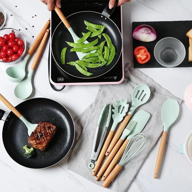 12-Piece Silicone Kitchen Utensil Set: Heat resistant up to 446°F. Includes Turner, Tongs, Spatula, Spoon, Brush, Whisk, Wooden Handles, Holder for Nonstick Cookware. (Light Green), Medium