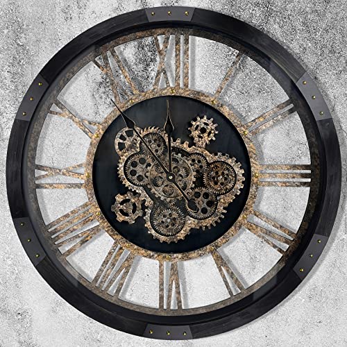 30" Large Wall Clock Moving Gears,Oversized Industrial Rustic Farmhouse Clocks for Living Room Decor Office Home, Solid Wood Retro Metal HD Tempered Glass Cover,Black and Vintage Bronze - color: Vintage Black, size: 76cm / 30 inch