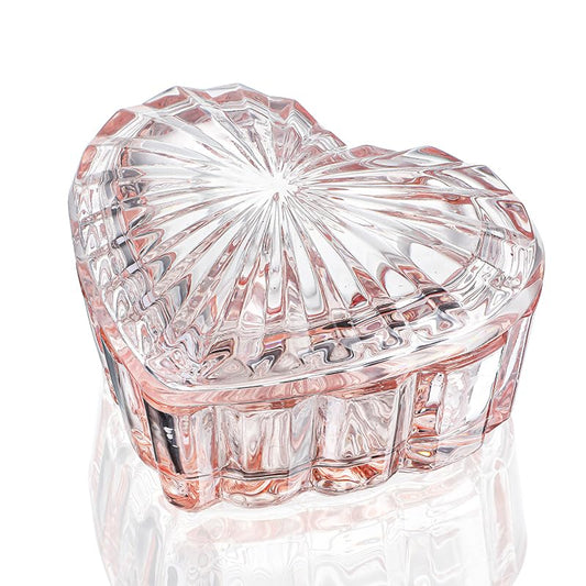 Glass Heart Shaped Jewelry Box with Lid, Ring Earring Trinket Storage Box | Vintage Jewelry Organizer Decorative Jar, Pink Cute Trinket Box, Gift for Women Girls - color: Pink