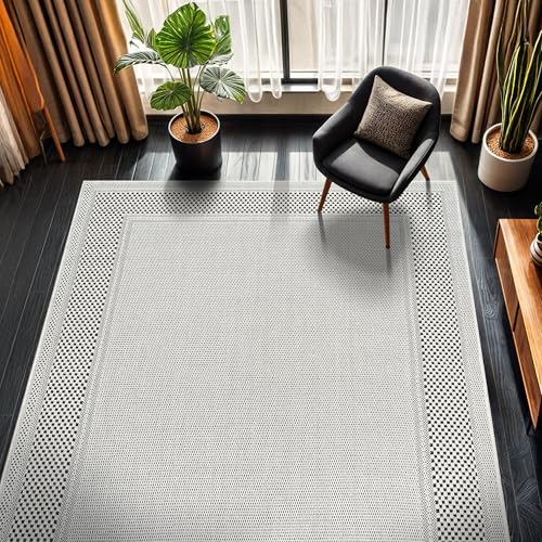 Easy Jute Rug 6x9, Indoor Outdoor Off-White Color Fiber Area Rugs for Entry, Living Room and Farmhouse Rug, Bordered Boho Woven Design, Easy-Cleaning, Washable Outside Carpet (6 x 9) - color: Bordered/Bone-black, size: 6' x 9' (Rectangular)