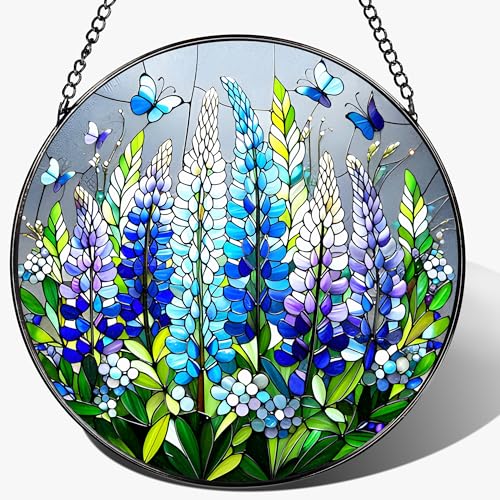 8-Inch Stained Glass Ornament, Stained Glass Window Hanging, Window Hanging Decor Suncatcher, Texas Bluebonnet Ornament | Christmas, Mother's Day, Birthday | Gifts for Mom, Garden Gifts for Friends - color: Lupine Butterfly