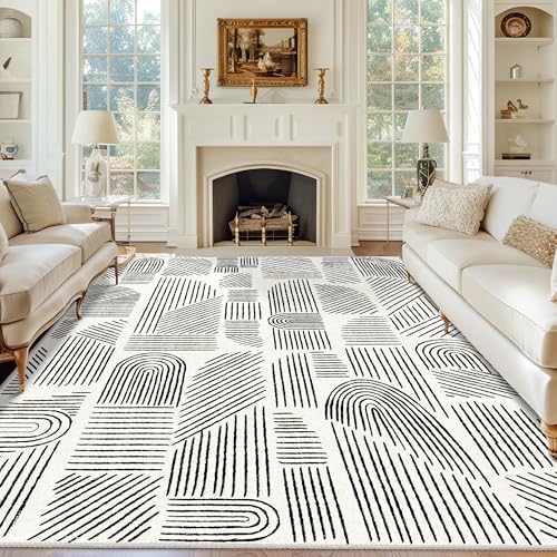 Washable 8x10 Area Rugs Low Pile Non Slip Mid Century Modern Large | Machine Washable Big Throw Carpet for Living Room Dining Room Bedroom Indoor Boho Abstract White and Black - color: White and Black, size: 8' x 10' (Rectangular)
