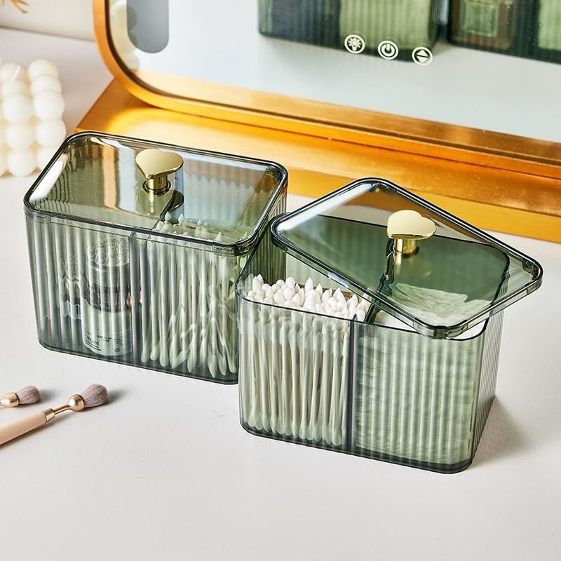 Qtips Holder Bathroom Container,3-Section Cotton Ball/Swabs Dispenser,3 Grids Apothecary Jar Organizer, Cosmetics Storage for Vanity
