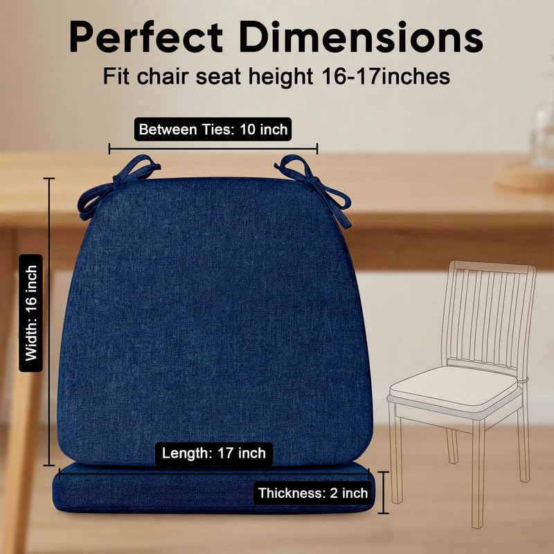 D-Shaped Chair Cushions Set of 1, Chair Pads with Ties, 17" x 16" | 2" Thick Non Slip Seat Cushion for Dining & Kitchen Chairs, 40D Foam, Removable Washable Cover, Dark Blue - color: Dark Blue