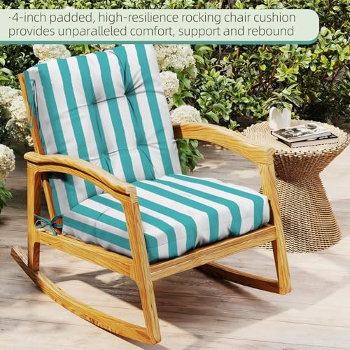 Outdoor Chair Cushions 42x21x4 Inch Set of 2, Lake Blue Stripe | Patio Cushions for Dining Rocking Chairs, High Back Soft Seat Pad with Ties, Waterproof Fade Resistant, Indoor Outside Use - color: Lake Blue White Stripes