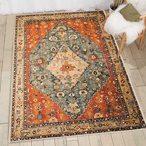 COMSLE Boho Area Rug, 3' x 5' Machine Washable Rugs for Entryway Faux Wool Large Rugs Distressed Throw Rug Non-Slip Floor Carpet for Indoor Bedroom Kitchen Living Room - color: Red/Green-3, size: 3' x 5' (Rectangular)